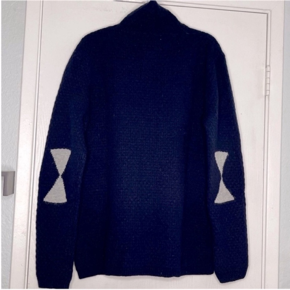 Folk Navy Blue Lambswool Blend Turtleneck Sweater with Elbow Patch Detail Sz L
